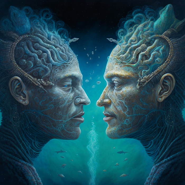 A dreamy depiction of two sea-humans underwater